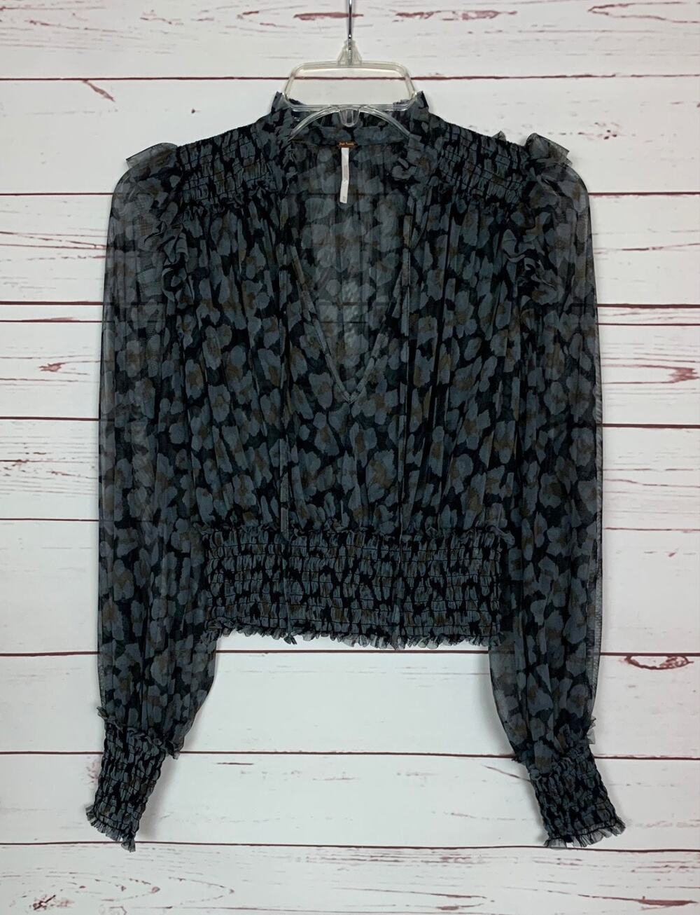 Free People Women's XS Extra Small Black Blue Mesh Sheer Long Sleeve Ruffle Top